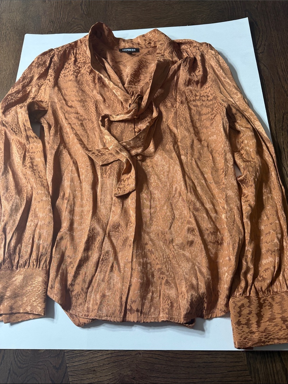 Vintage Express  Snakeskin Print Satin Gold Tan Long Sleeve Blouse Tie Neck  S